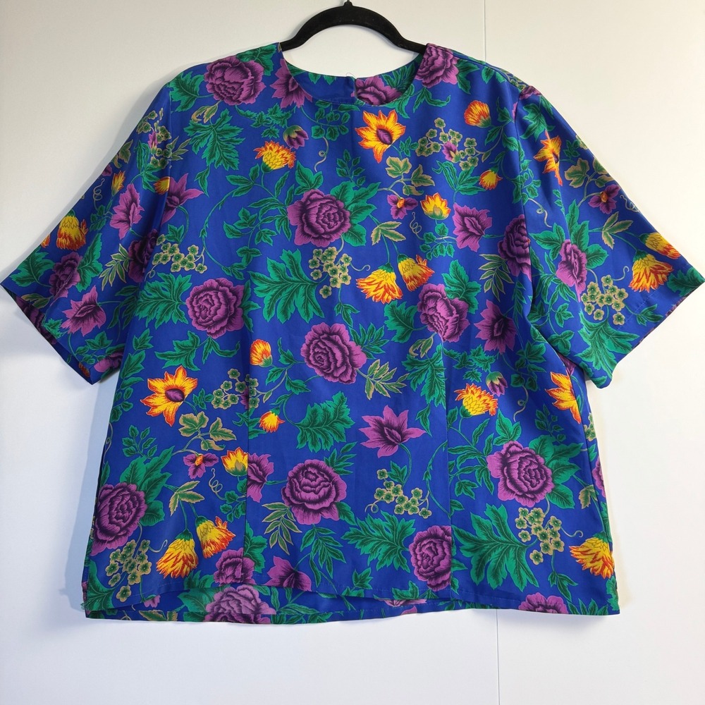 Suburbans Vintage Floral Blouse Royal Blue Purple Yellow Short Sleeve Top Sz 16